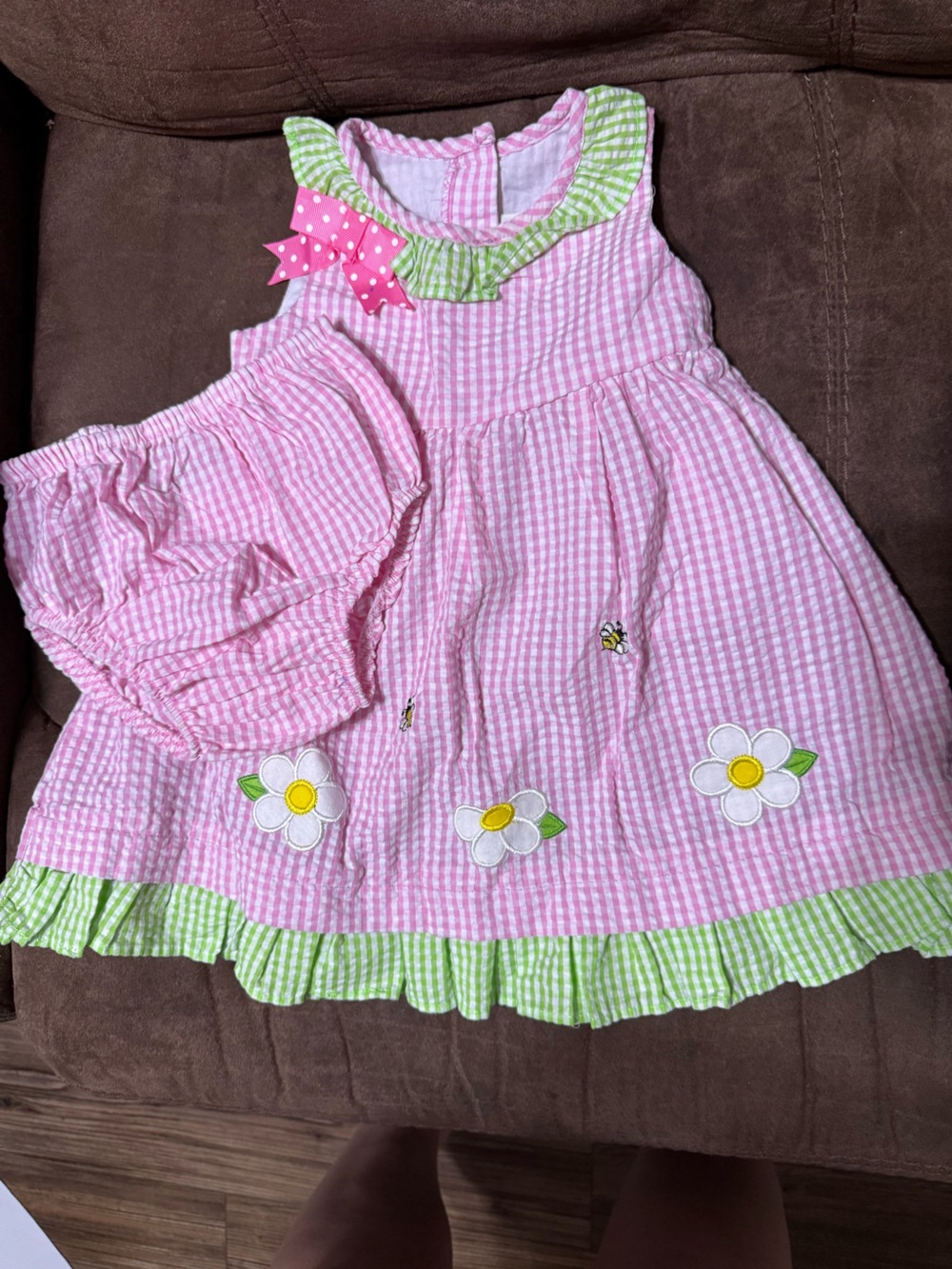 Rare Editions Pink Gingham Dress with Green Trim